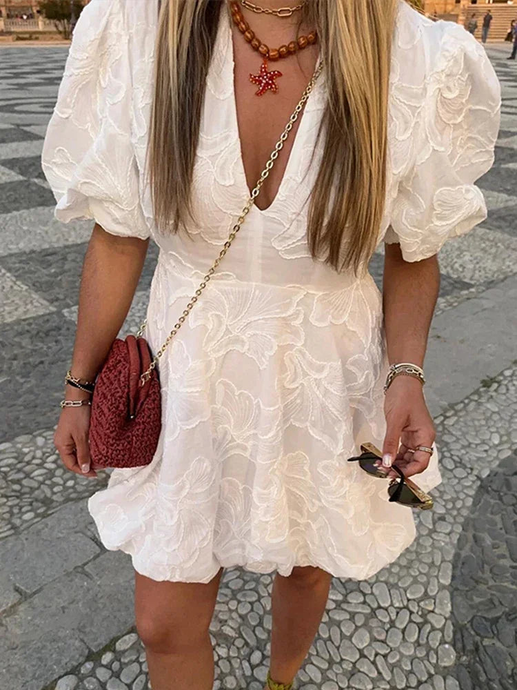 Marie - Embroidered Puff Dress