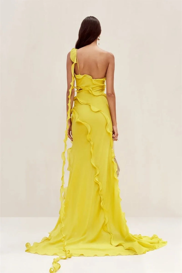 Izzy One Shoulder Ruffle Maxi Chiffon Dress